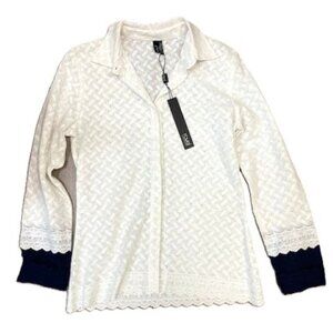 Ravel White Eyelet Lone Sleeve Bouse With Navy Cuffs